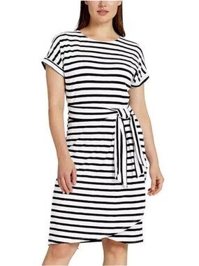 NWT Chaps Striped Knee Dress Women’s M  Belted Short Sleeve Faux Wrap